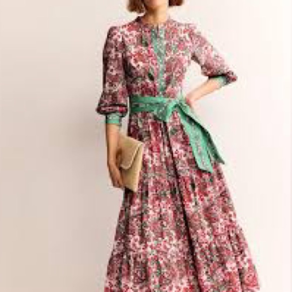 Boden Red and Green Ruffled Tiered Long Sleeve Dress